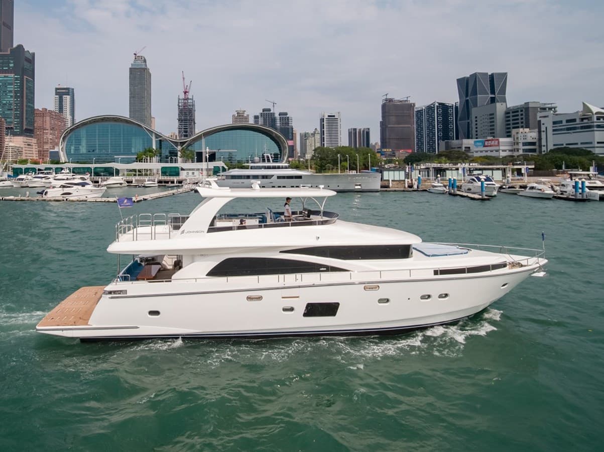 JOHNSON 80' FLYBRIDGE W/HYDRAULIC PLATFORM — 2026 · 79.99' · 4 Cabins · Pre-Owned